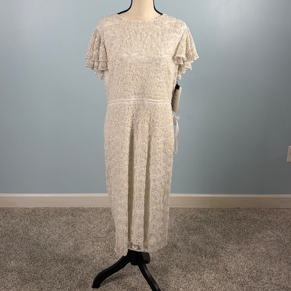 Mac Duggal Beaded Midi Dress White Sequin Flutter Sleeve Formal Size 12